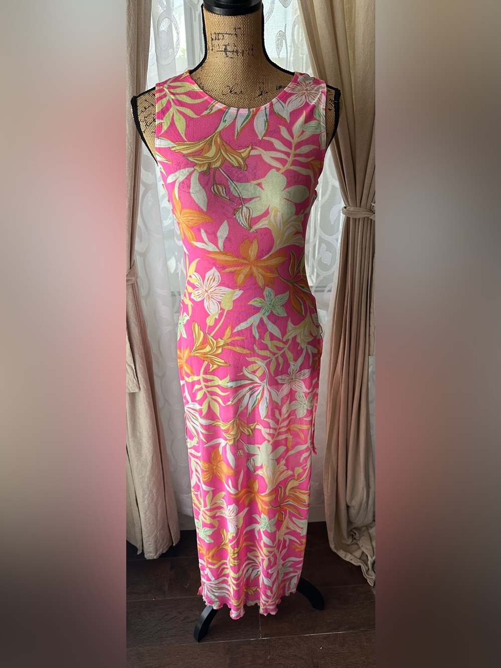 Derek Heart Pink Tropical Floral Swim Cover Up Dress Sz Small Side Tie Slits - Picture 2 of 8